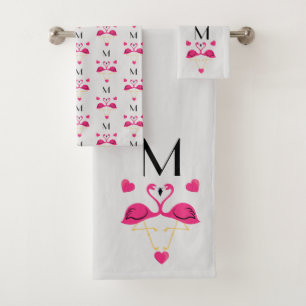 Pink Flamingo and Hearts Pattern Bath Towel Set