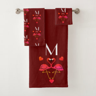 Pink Flamingo and Hearts Pattern Bath Towel Set