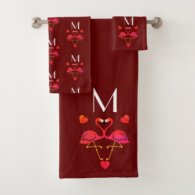 Pink Flamingo and Hearts Pattern Bath Towel Set (Insitu)