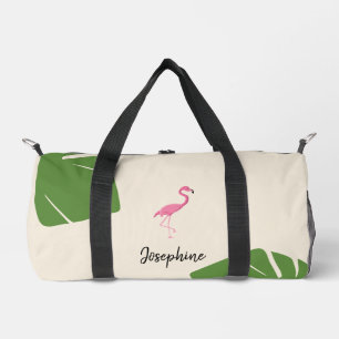 Pink Flamingo and leaves Tropical personalised Duffle Bag