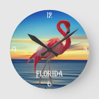 Pink Flamingo and Ocean Sunset Round Clock