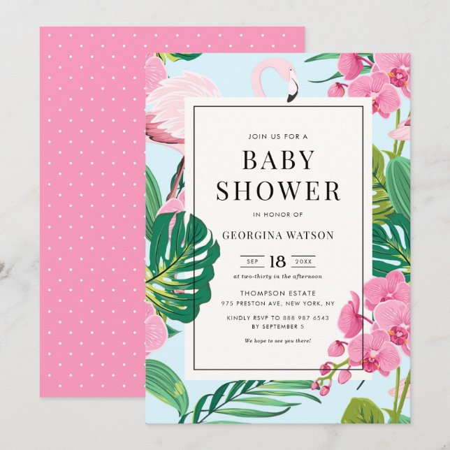 Pink Flamingo and Orchids Tropical Baby Shower Invitation (Front/Back)