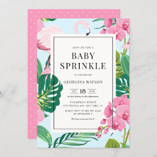 Pink Flamingo and Orchids Tropical Baby Sprinkle Invitation