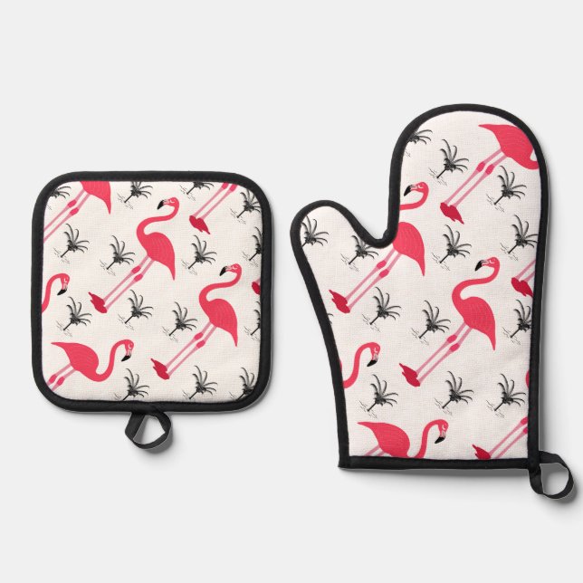 Pink Flamingo and Palm Tree Oven Mitt & Pot Holder Set (Front)