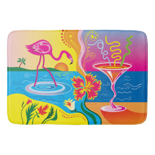 Pink Flamingo and Summer Cocktail Bath Mat