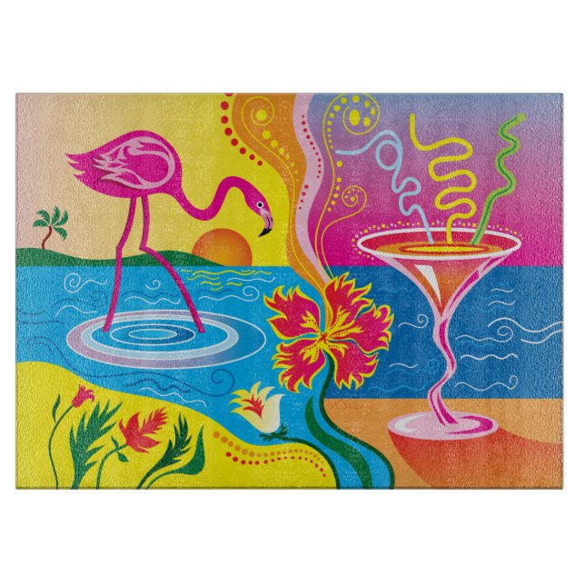 Pink Flamingo and Summer Cocktail Cutting Board (Front)