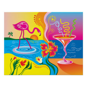 Pink Flamingo and Summer Cocktail Poster