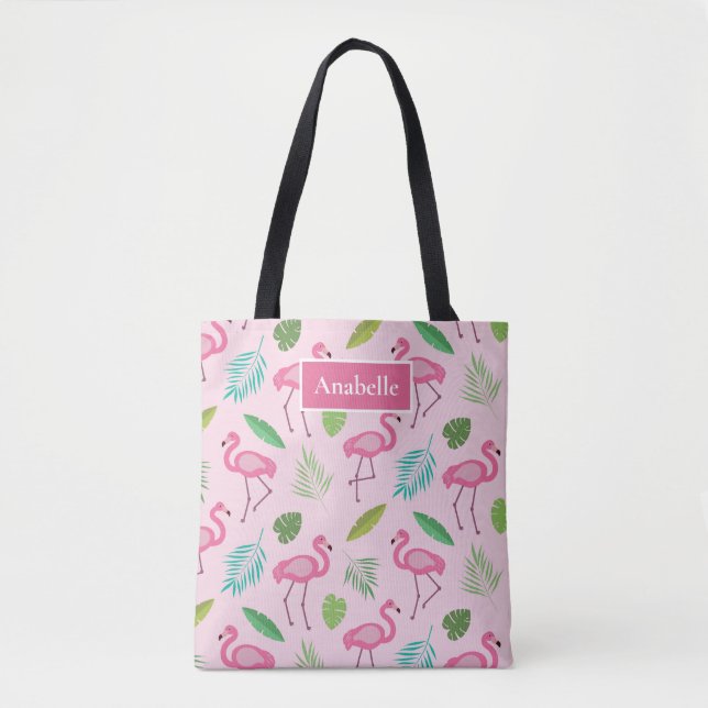 Pink flamingo and tropical leaves monogram    tote bag (Front)