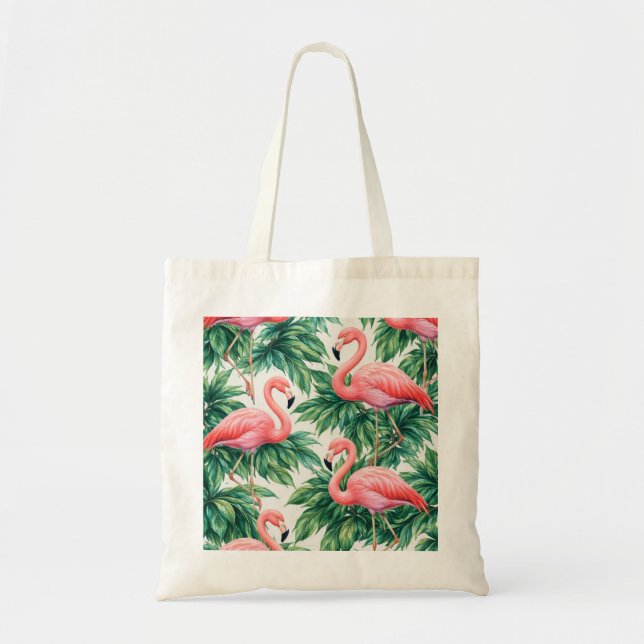 Pink Flamingo and Tropical Leaves Pattern Tote Bag (Front)