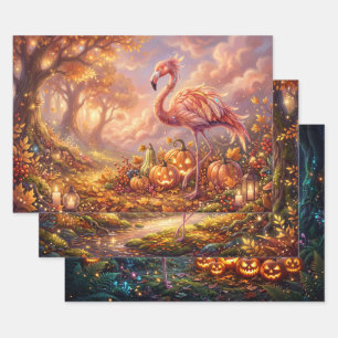 Pink Flamingo Autumn Pumpkin Glow Wrapping Paper Sheet