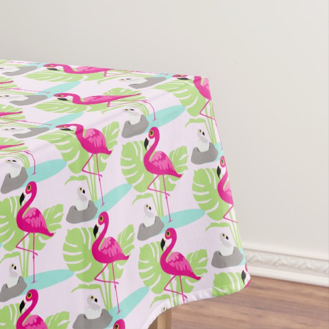 Pink flamingo baby bird tropical leaves tablecloth (In Situ)