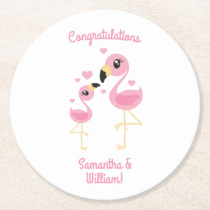 Pink Flamingo Baby Shower Round Paper Coaster
