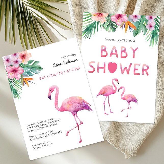 Pink Flamingo Baby Shower Tropical Theme Invitation (Girl Baby Shower Invitation)