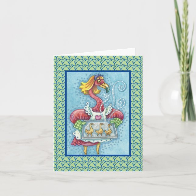 PINK FLAMINGO BAKING COOKIES, NOTE CARD Blank (Front)