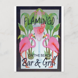 Pink Flamingo Bar & Grill Beach Drink Theme Postcard