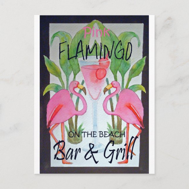 Pink Flamingo Bar & Grill Beach Drink Theme Postcard (Front)
