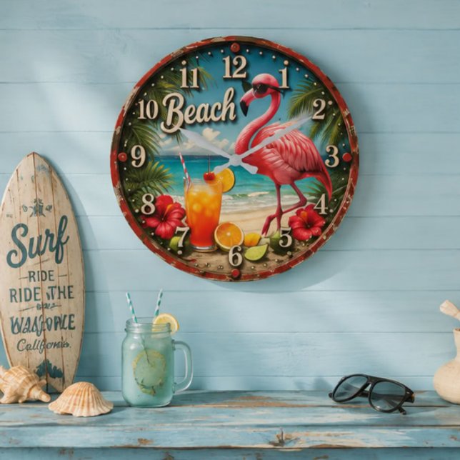 Pink Flamingo Beach Large Clock (Creator Uploaded)