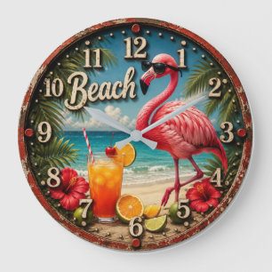 Pink Flamingo Beach Large Clock