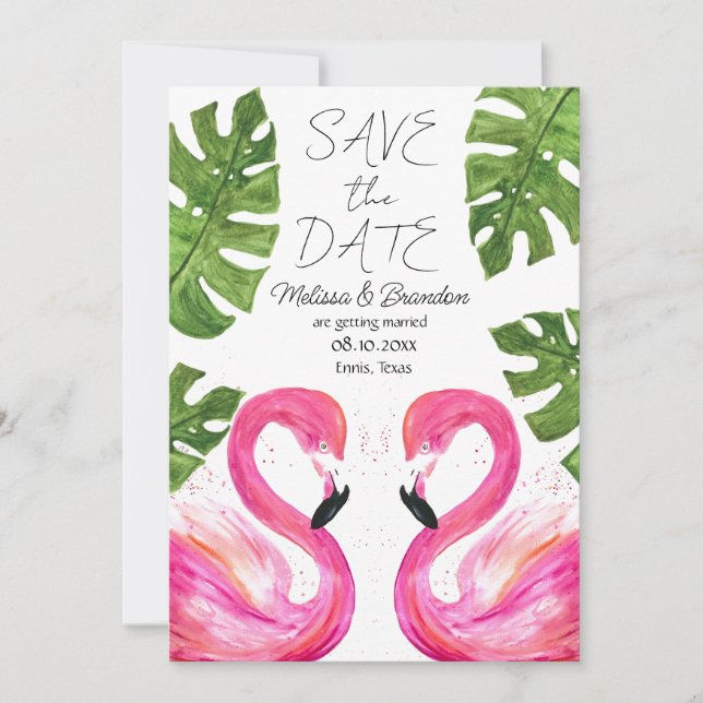 Pink Flamingo Beach Leaves Tropical Wedding  Invitation (Front)