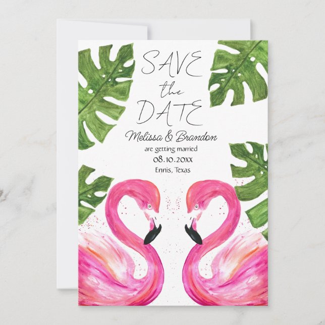 Pink Flamingo Beach Tropical Leaves Wedding  Invitation (Front)