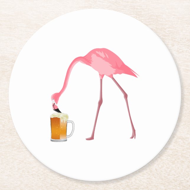 Pink Flamingo Beer Lover Round Paper Coaster (Front)