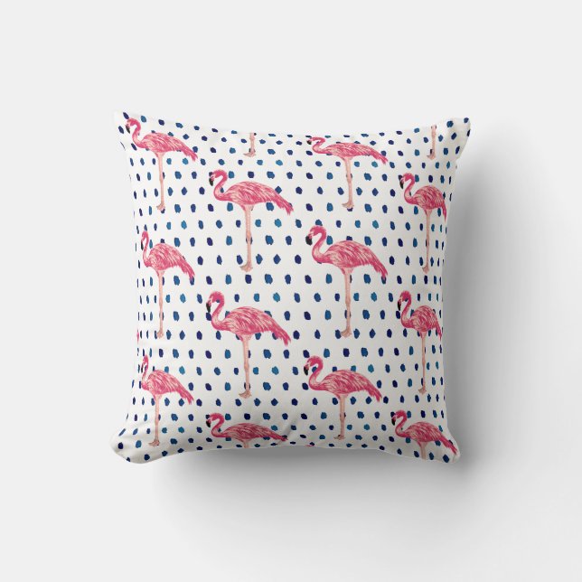 Pink Flamingo Bird Blue Dot Pattern Throw Pillow (Front)