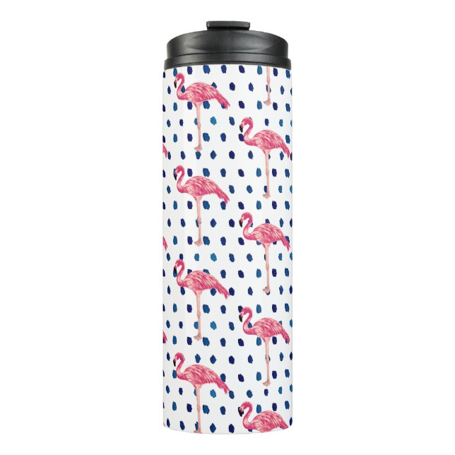 Pink Flamingo Bird Dot Pattern Thermal Tumbler (Front)