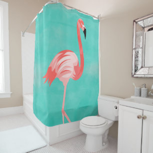 Pink Flamingo Bird on Turquoise Background Shower Curtain