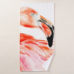 Pink Flamingo bird profile portrait, amazing beaut Bath Towel
