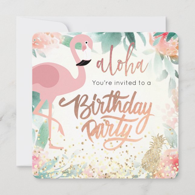 pink flamingo bird tropical birthday party invitation (Front)