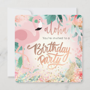 pink flamingo bird tropical birthday party on pink invitation