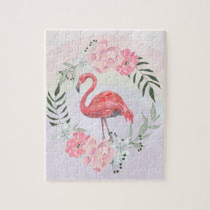 Pink Flamingo, bird, watercolor Jigsaw Puzzle