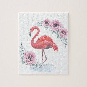 Pink Flamingo, bird, watercolor Jigsaw Puzzle