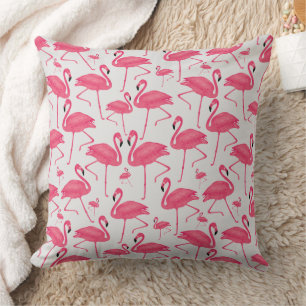 Pink Flamingo Bird Watercolor on Light Grey Design Cushion