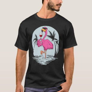 Pink Flamingo Bird With Glass Of Wine Summer Vacat T-Shirt