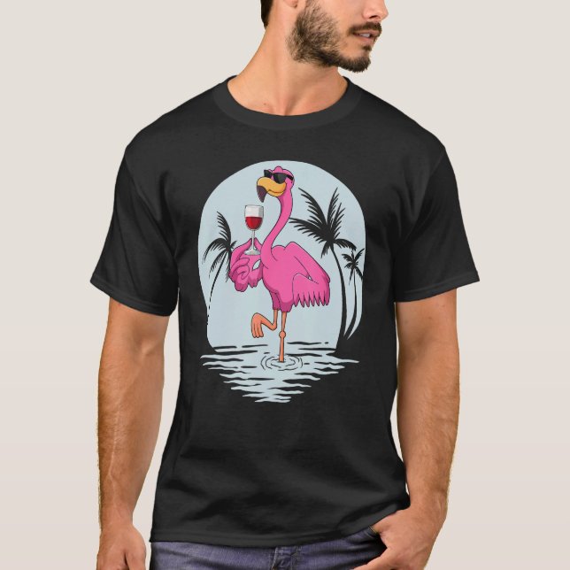 Pink Flamingo Bird With Glass Of Wine Summer Vacat T-Shirt (Front)