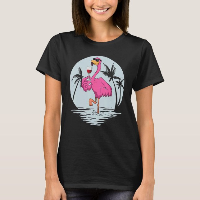 Pink Flamingo Bird With Glass Of Wine Summer Vacat T-Shirt (Front)