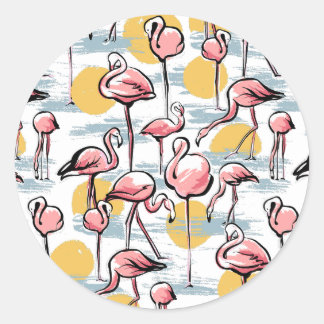 Pink Flamingo birds and sunset | Tropical Tango  Classic Round Sticker