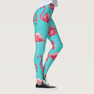 Pink flamingo birds on turquoise background leggings