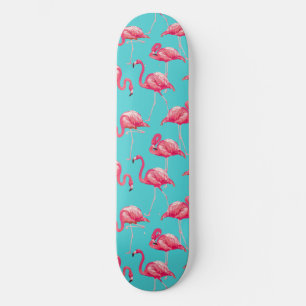 Pink flamingo birds on turquoise background skateboard
