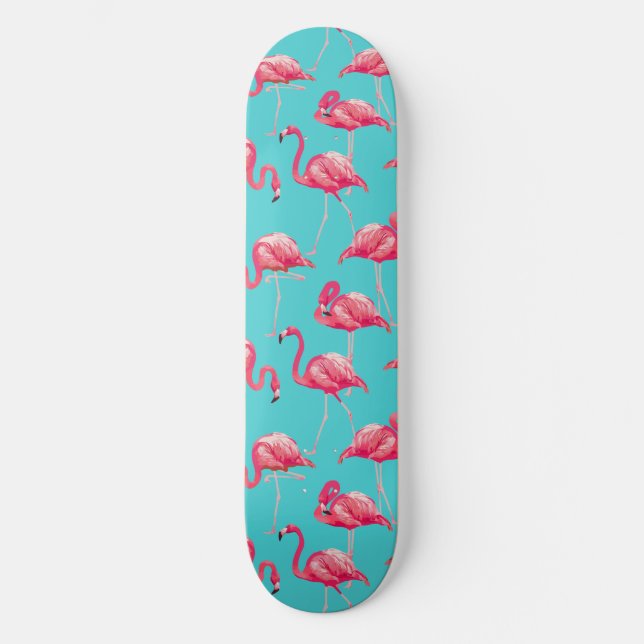 Pink flamingo birds on turquoise background skateboard (Front)