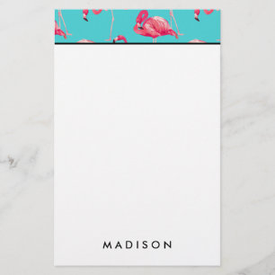 Pink flamingo birds on turquoise background stationery