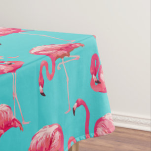 Pink flamingo birds on turquoise background tablecloth
