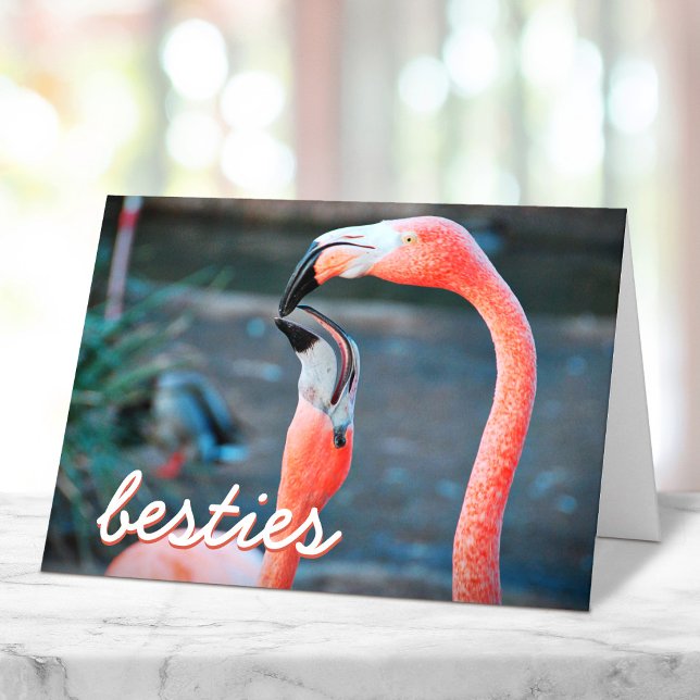 Pink Flamingo Birds Photo Besties Script Stylish Card (Creator Uploaded)
