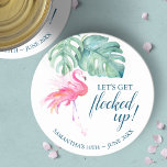 Pink Flamingo Birthday Party Flocktail Round Paper Coaster<br><div class="desc">Add tropical flair to your party with paper coasters in a Palm Springs style watercolor greenery and pink flamingo. The words Let's Get Flocked up is set in a trendy hand lettered script typography. Personalise with the guest of honours name. The perfect birthday decoration for your summer party by the...</div>