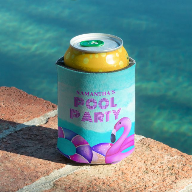 Pink Flamingo Birthday Pool Party  Can Cooler (In Situ Pool)