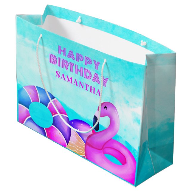 Pink Flamingo Birthday Pool Party Name Large Gift Bag (Back Angled)