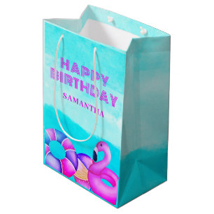Pink Flamingo Birthday Pool Party Name Medium Gift Bag