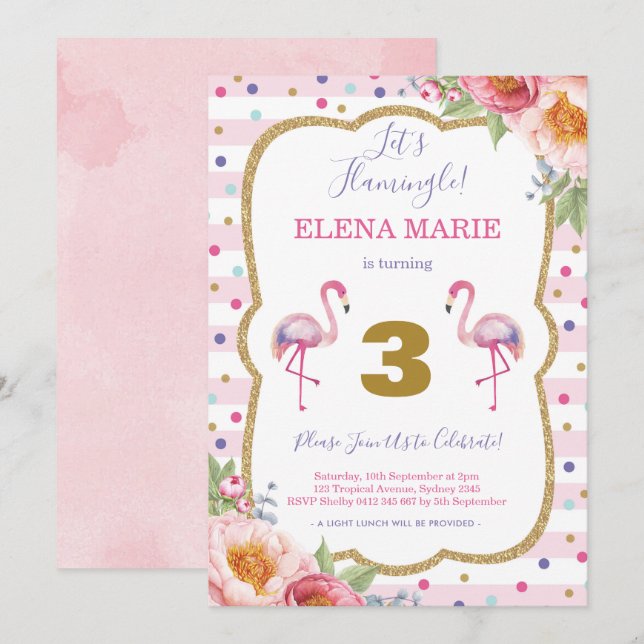 Pink Flamingo Birthday Tropical Party Confetti Invitation (Front/Back)