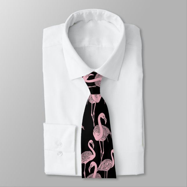 Pink Flamingo Black Business Suit Wedding Prom Tie (Tied)